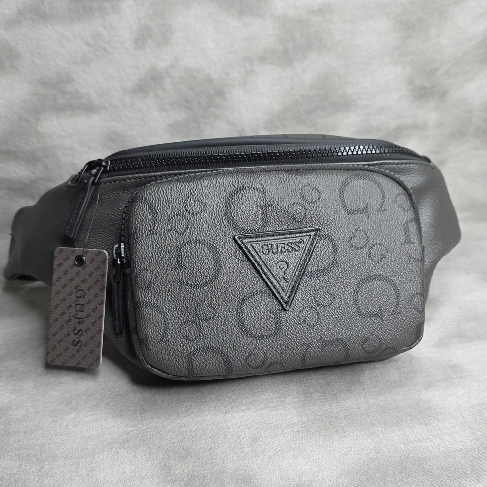 GUESS Bum Bag Fanny Pack Leather Black‎ Gray Coal Insignia CO882794 NEW w/Tags